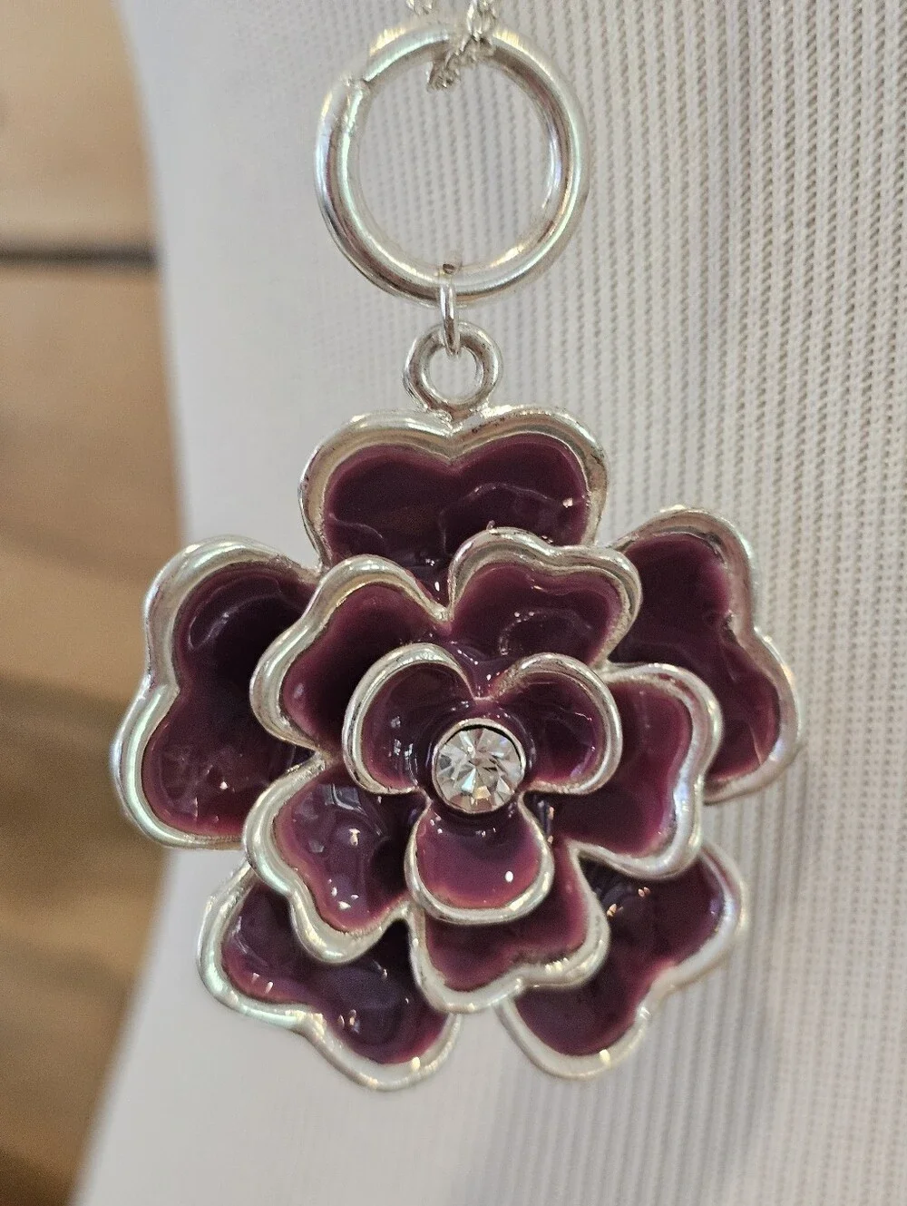 Silvertone And Purple Enamel Flower Pendant Necklace w/ Crystal Accent - Picture 3 of 6